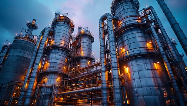 Twilight view of an oil refinery with a petrochemical plant under a blue sky