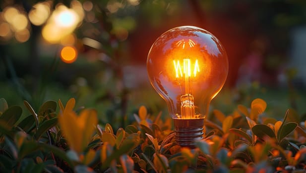 Glowing light bulb in the garden with bokeh background.