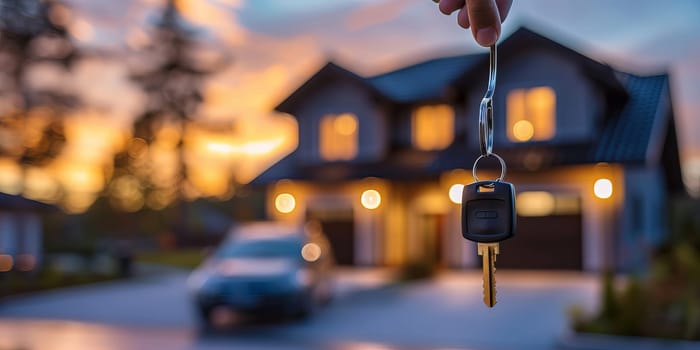 Hand holding keychain with car keys in front of a house at dusk