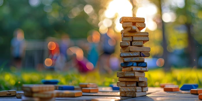 Wooden blocks stack on table in garden at sunset
