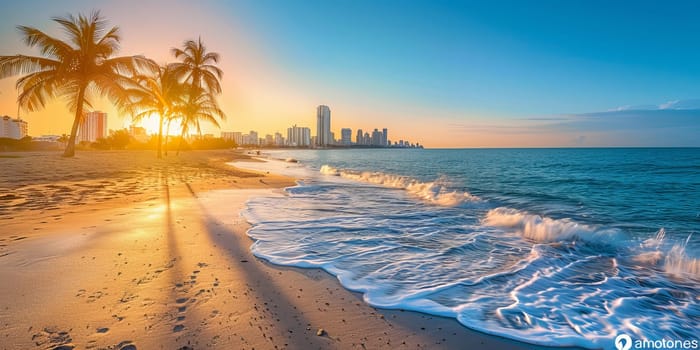 Golden sunrise illuminating waves gently crashing on a pristine beach with a distant cityscape silhouette