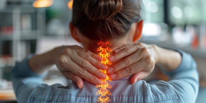 Woman experiencing intense neck pain with glowing spine illustration