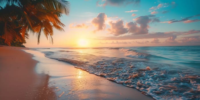 Beautiful sunset on the beach with palm trees.