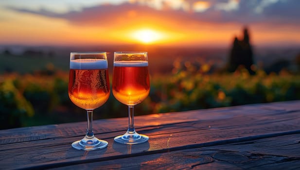 Two glasses of white wine on wooden table in vineyard at sunset