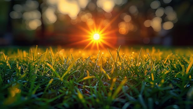 Sunset casting golden rays on a vibrant field of green grass