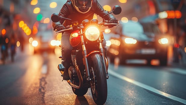 Motorcycle rider on the road in the evening. Biker on a motorcycle.