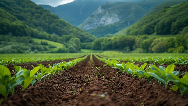 Lush tobacco field nestled within green mountains