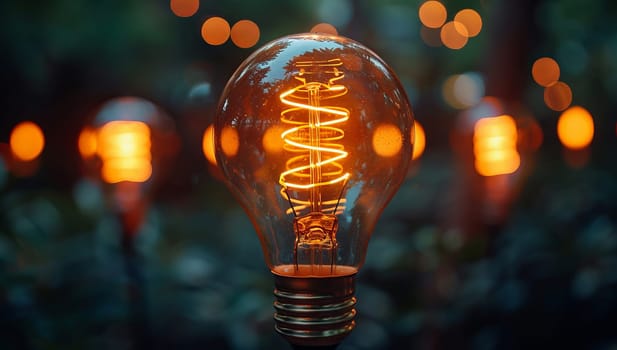 A glowing light bulb illuminates a dark bokeh background symbolizing ideas and innovation