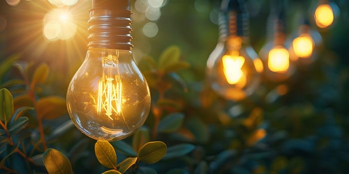 Glowing light bulb on nature background with bokeh effect.