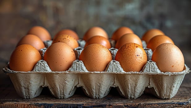 Carton of fresh eggs on a rustic wooden table