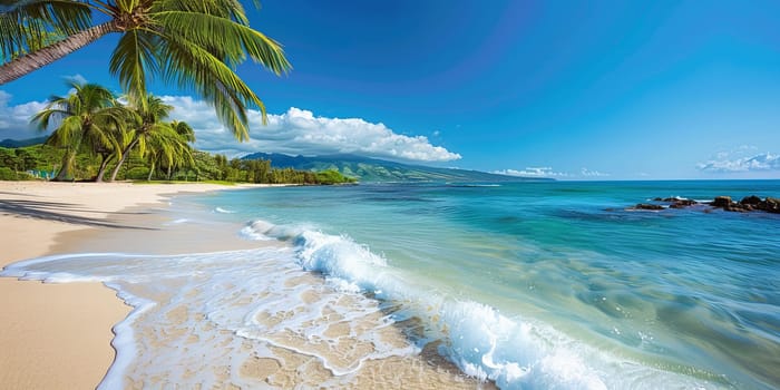 Panorama of beautiful tropical beach with palm trees and turquoise water