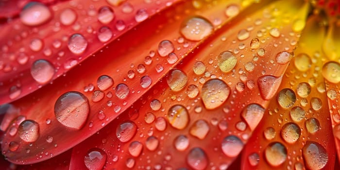 Closeup of dew drops on vibrant red gerbera petals