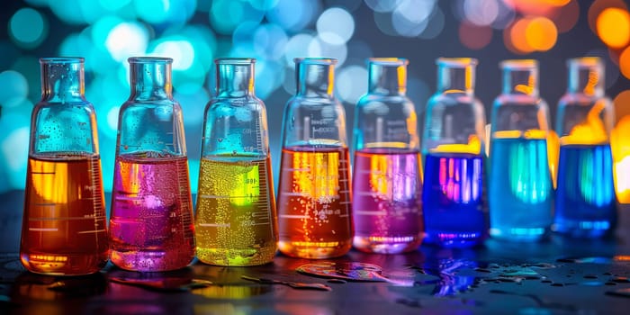Laboratory test tubes filled with vibrant liquids against a bokeh backdrop
