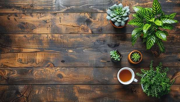 Cup of tea and houseplants on a wooden background.