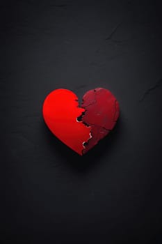 Broken red heart on black background. Love heart mockup wallpaper. Generative AI.