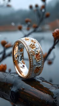 A gold and white ring made of metal and glass is perched delicately on a twig, resembling a fashion accessory crafted from natural materials