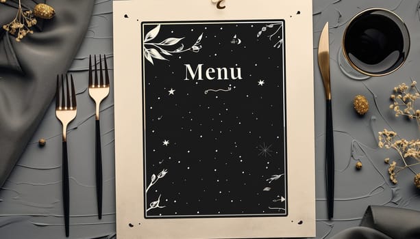 Menu card mockup with festive wedding or birthday table setting. Minimal blank card mockup.