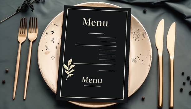 Menu card mockup with festive wedding or birthday table setting. Minimal blank card mockup.