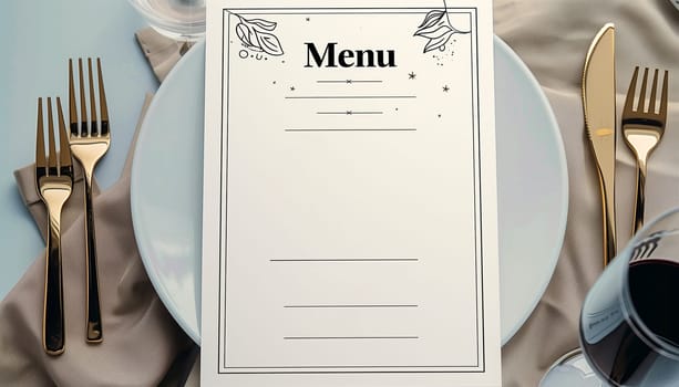 Menu card mockup with festive wedding or birthday table setting. Minimal blank card mockup.