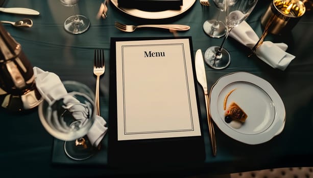 Menu card mockup with festive wedding or birthday table setting. Minimal blank card mockup.