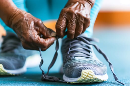 Middle aged man tying his shoelaces and getting ready to go workout.