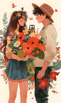 The boy presented the girl with a bouquet of orange flowers, tucked in his sleeve. A happy smile lit up her face at the gesture, making the event special