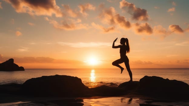 Woman girl happy smiling white Caucasian doing sports and yoga ocean shore against the backdrop of the sun, uniting with nature. Healthy spirit, healthy lifestyle, proper nutrition, mental health, sports and training, loss of excess weight, muscles.