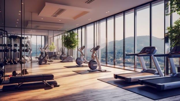 Bright modern gym with sports equipment and exercise equipment with large windows. Healthy spirit, healthy lifestyle, proper nutrition, mental health, sports and training, loss of excess weight, muscles.