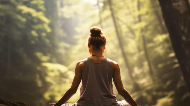 Woman girl happy smiling white Caucasian doing sports and yoga outdoors in the forest, uniting with nature. Healthy spirit, healthy lifestyle, proper nutrition, mental health, sports and training, loss of excess weight, muscles.