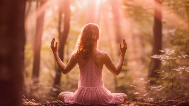 Woman girl happy smiling white Caucasian doing sports and yoga outdoors in the forest, uniting with nature. Healthy spirit, healthy lifestyle, proper nutrition, mental health, sports and training, loss of excess weight, muscles.