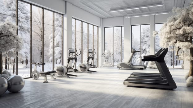 Bright modern gym with sports equipment and exercise equipment with large windows. Healthy spirit, healthy lifestyle, proper nutrition, mental health, sports and training, loss of excess weight, muscles.