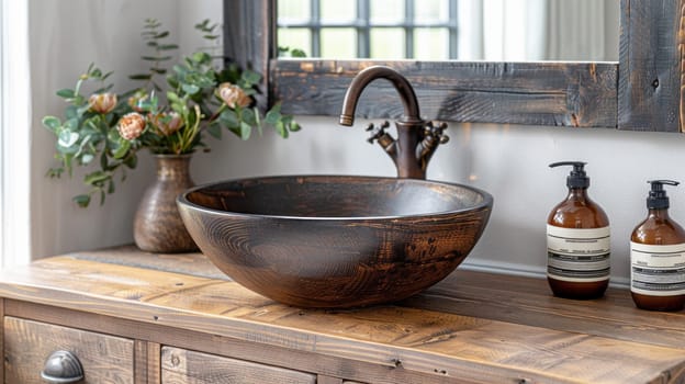 Stylish vessel sink and faucet on wooden countertop. Interior design of modern bathroom.