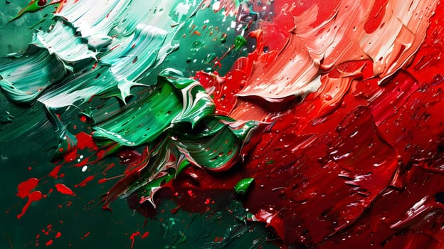 An intricate painting featuring a closeup of a red, green, and white pattern, created with fluid and liquid art paint on glass. A captivating art event
