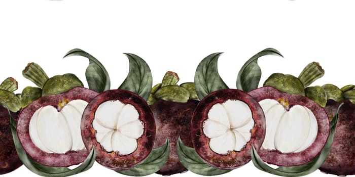 Mangosteen fruit watercolor illustration. Tropical fruit border hand drawing isolated on white background. Botanical clip art composition of asian food garcinia. Realistic mangostana frame for designing menus of Thai and vegetarian restaurants and recipes