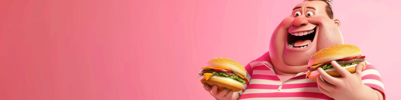 Cartoon fat man on a right side enjoying fast food burgers feast on the pink pastel background