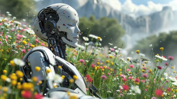 Robot android in colorful meadow surrounded by flowers and mountains, representing harmony between nature and technology
