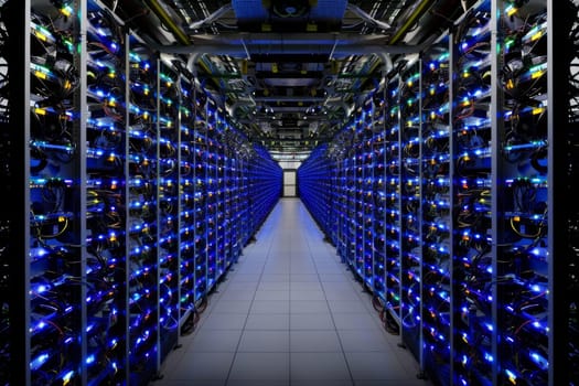 Rows of Servers in a Modern Data Center. Technology, Storage, and Cloud Computing