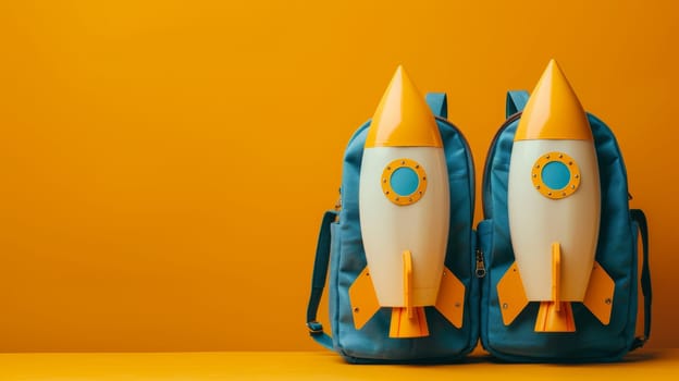 Back to School. Rocket Backpacks Ready for Launch on a Bold Orange Background