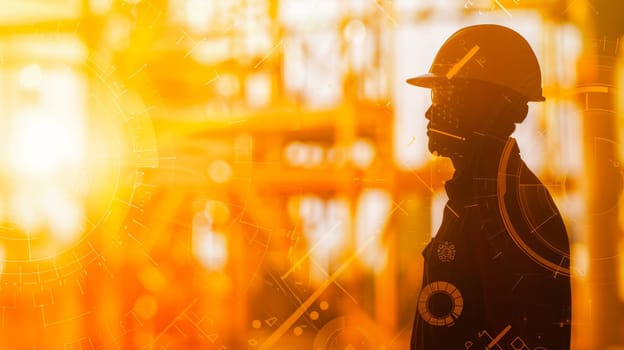 Engineer in Hard Hat Silhouette Standing in Oil Refinery, Gas, Energy and Fuel Industry with Pipeline and Refinery Landscape at Sunrise