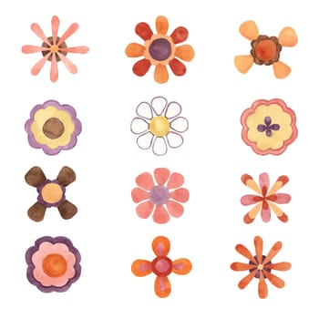 Retro flowers in minimalistic abstract 70s style. Hippie boho indie clipart. Watercolor groovy daisy illustration for flower power stickers, nostalgic designs, flyers, printing, quotes, cartoon style