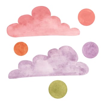 Pink and purple clouds with dots. Pastel round shapes clipart. Hand drawn dreamy watercolor retro illustration for stickers, wallpaper, kids, nursery, labels, backdrop in cartoon style, isolated