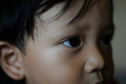 Close-up Asian boy with black hair.