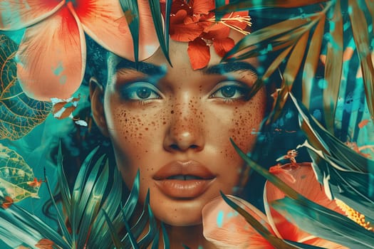 Trendy portrait of beautiful young woman with leaves palm tree, stylish lady in summer vacation collage, tropical style
