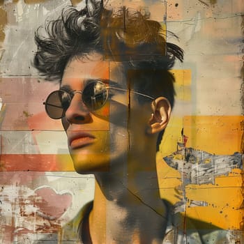 Creative portrait of stylish young man in abstract retro collage style, digital modern art