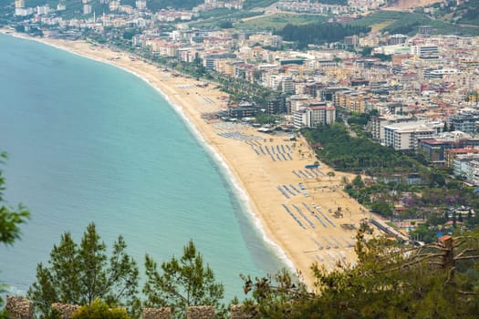 View of Cleopatra beach in Alanya, one of the touristic districts of Antalya, from Alanya Castle