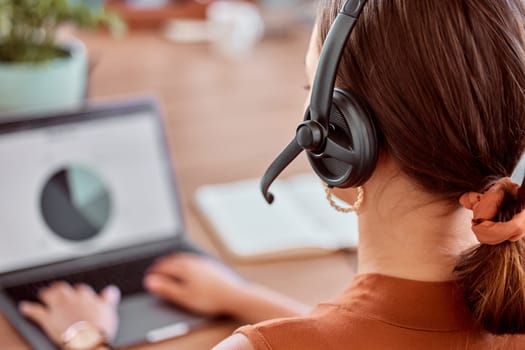 Woman, callcenter and headphone with mic for support, voter registration help desk and agent with pole numbers on laptop screen. Back of phone call, contact center and data with election information.