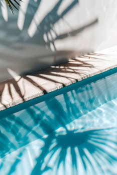 The silhouette of a palm tree is mirrored in the aqua water of a swimming pool. The electric blue sky creates a beautiful pattern with tints of azure