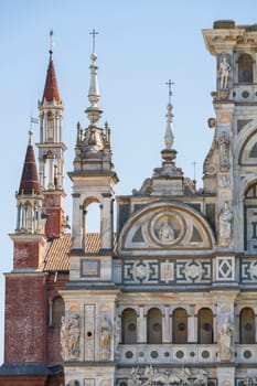 Close up of Certosa di Pavia monastery, details on the left side facade of the church,Pavia,Italy