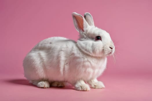 Close-up of a white fluffy rabbit on a pink pastel background. Easter bunny for Easter