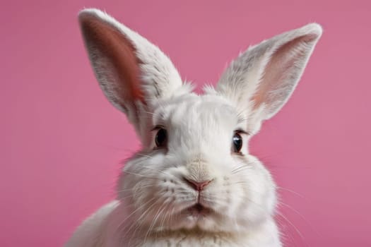 Close-up of a white fluffy rabbit on a pink pastel background. Easter bunny for Easter